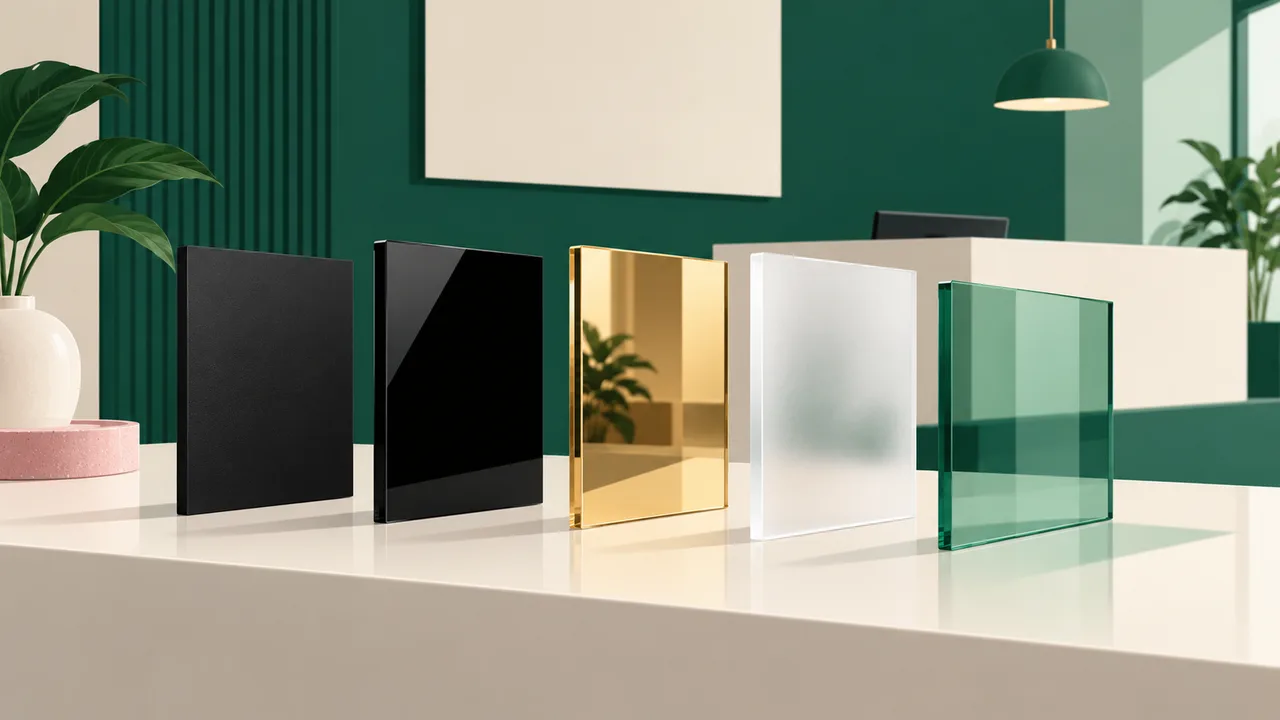 Acrylic samples showing matte, glossy, reflective, frosted and translucent finishes side by side.