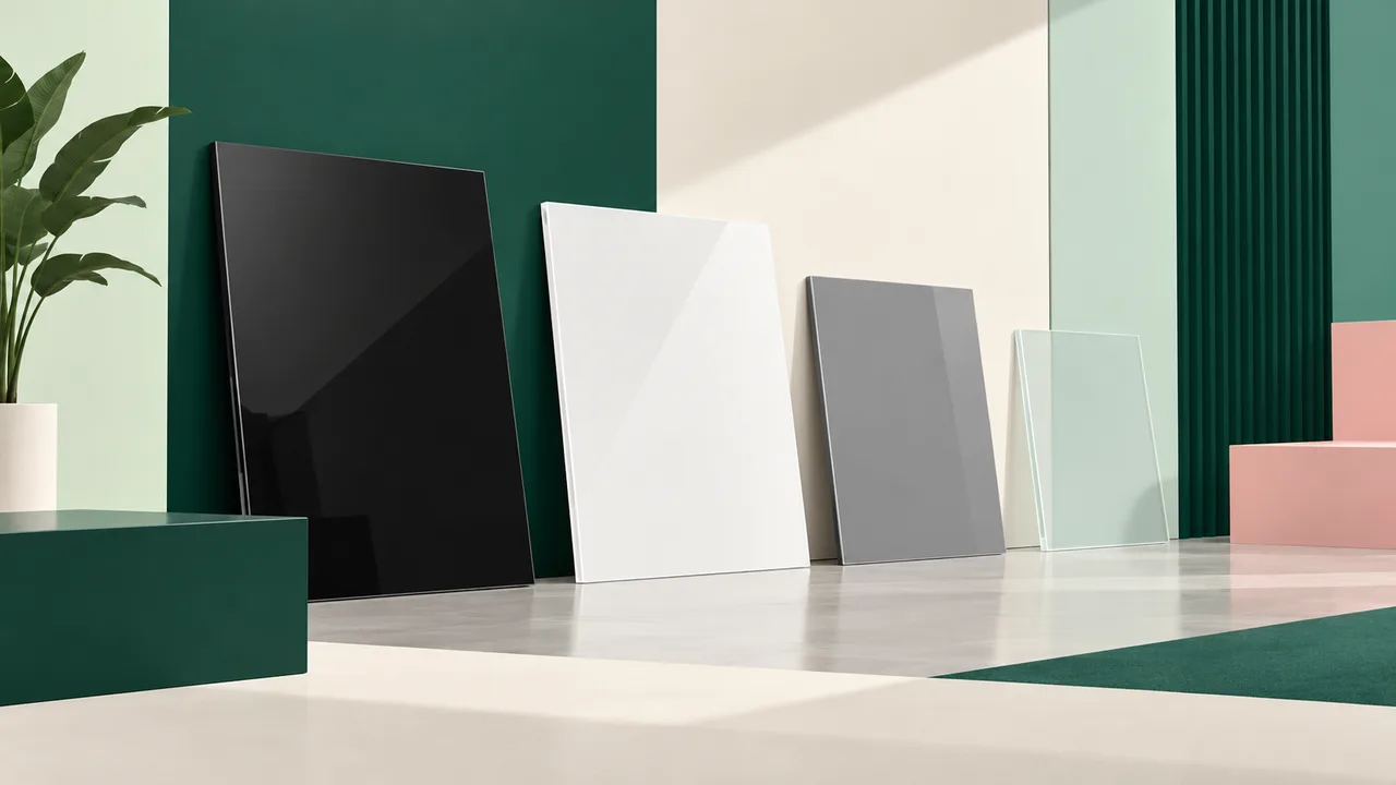 Black, white and grey acrylic samples against contrasting light and dark backgrounds.