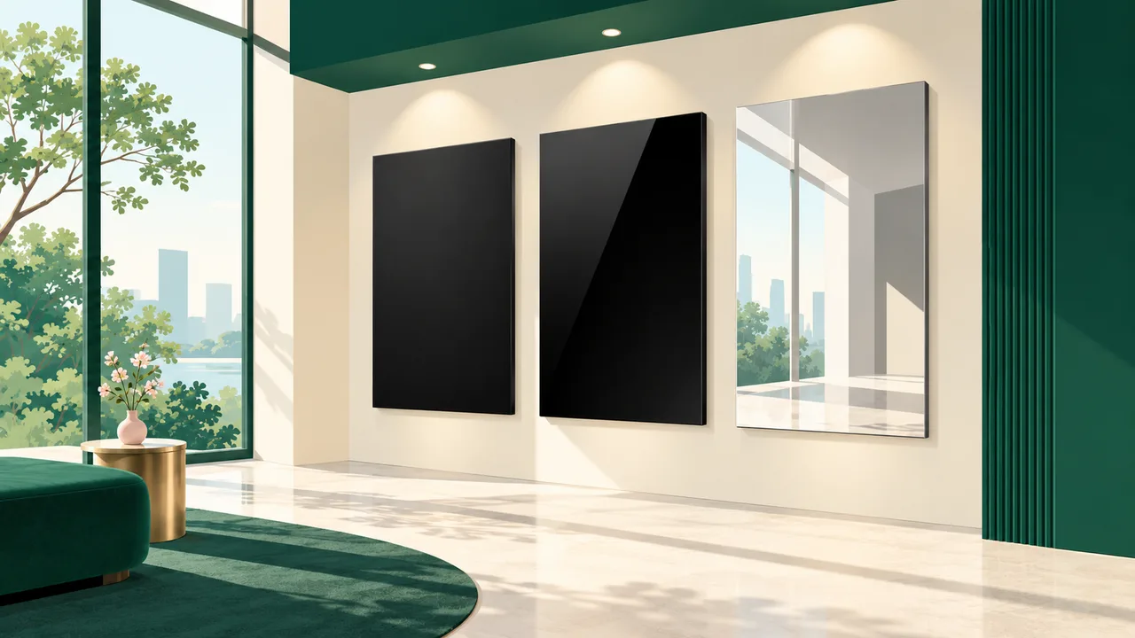 Different acrylic finishes beneath downlights, with visible reflections on the glossy and mirror panels.