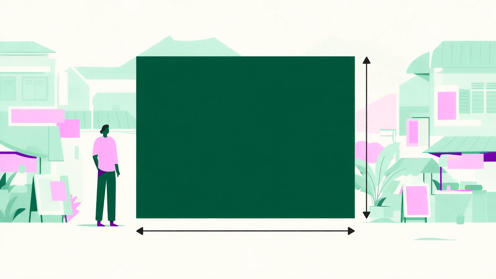 A backdrop with height and width dimension arrows and a person for scale