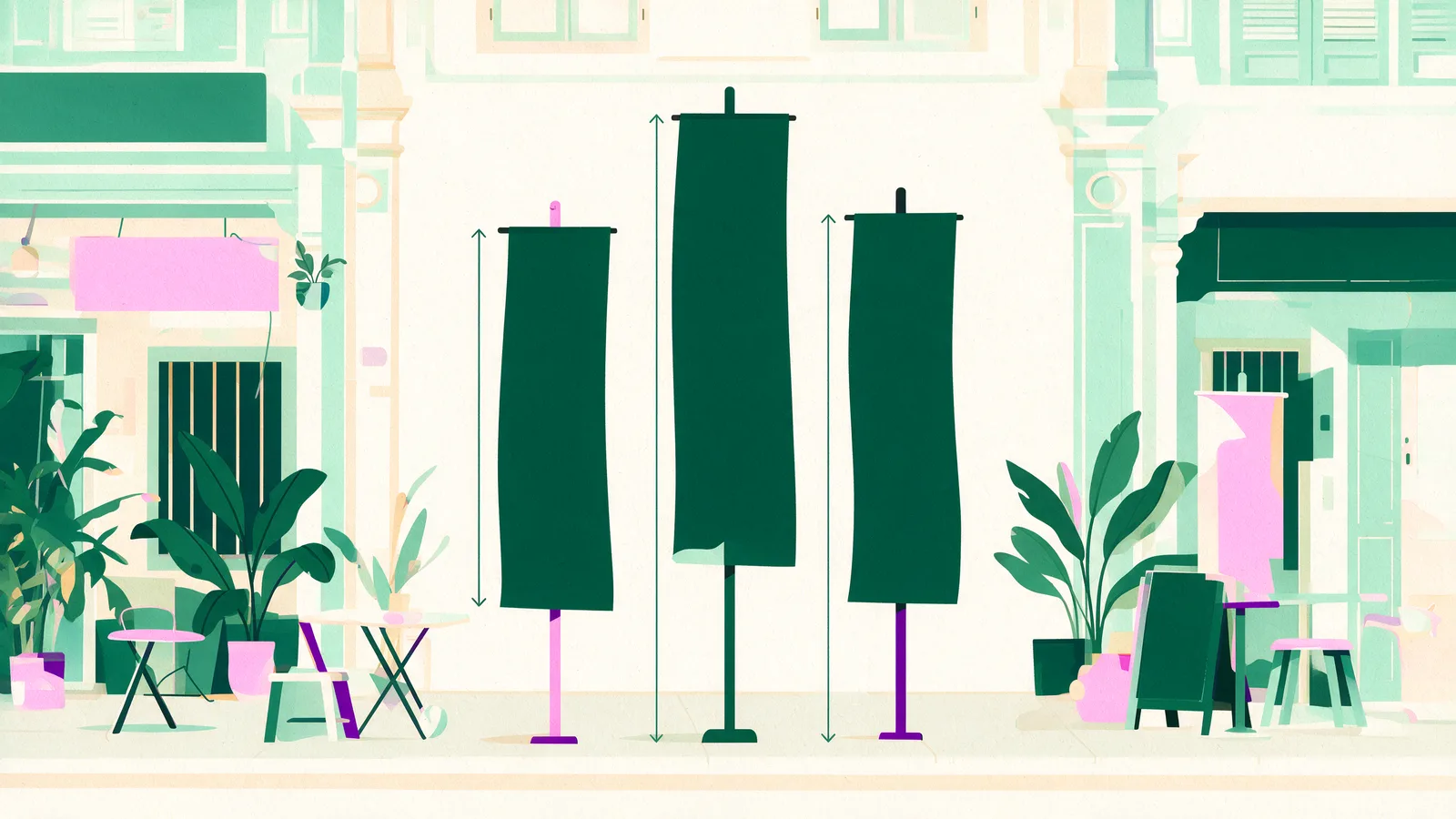 Tall bunting flags of different heights with dimension arrows