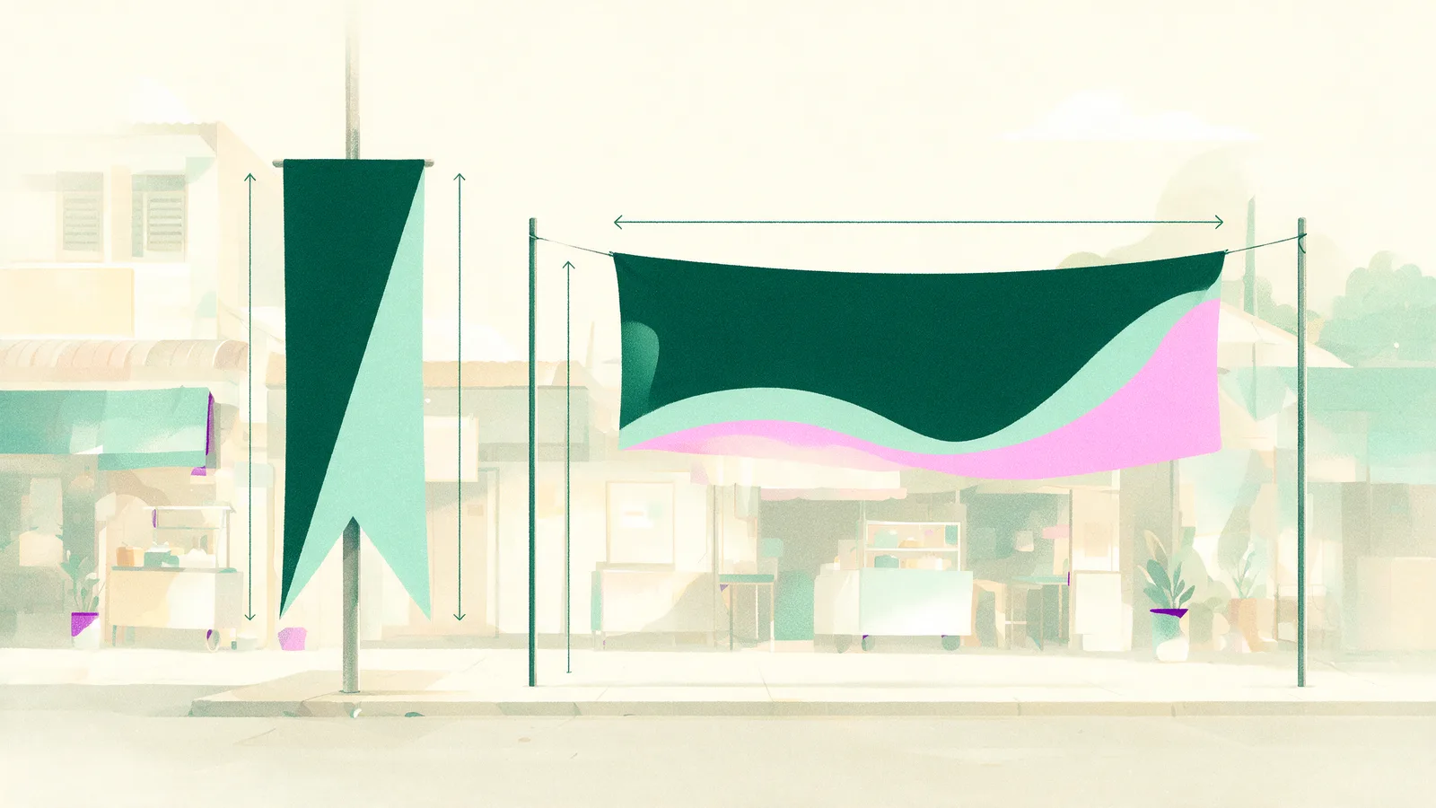 A tall narrow bunting beside a wide horizontal banner