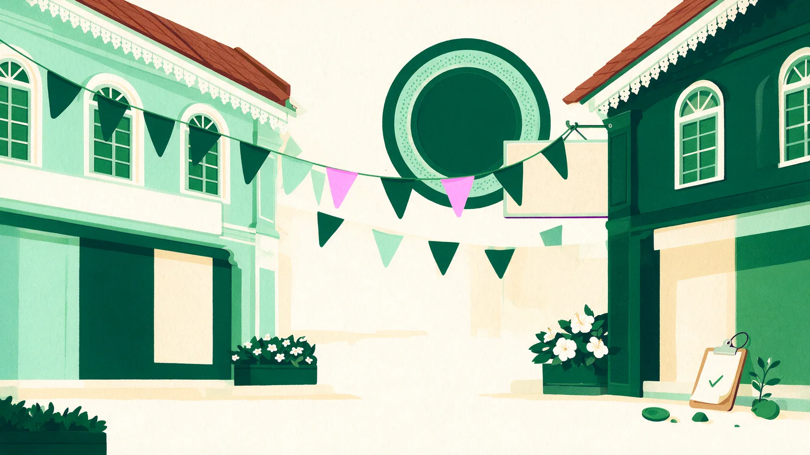 Bunting along a street with a council permit stamp motif