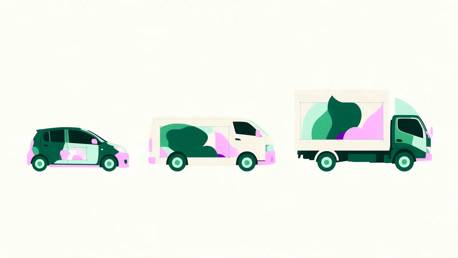 A car, a van and a lorry lined up, each with a graphic panel on its side