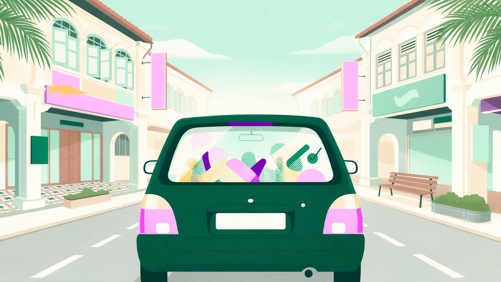 A car viewed from behind with a graphic on the rear windscreen only