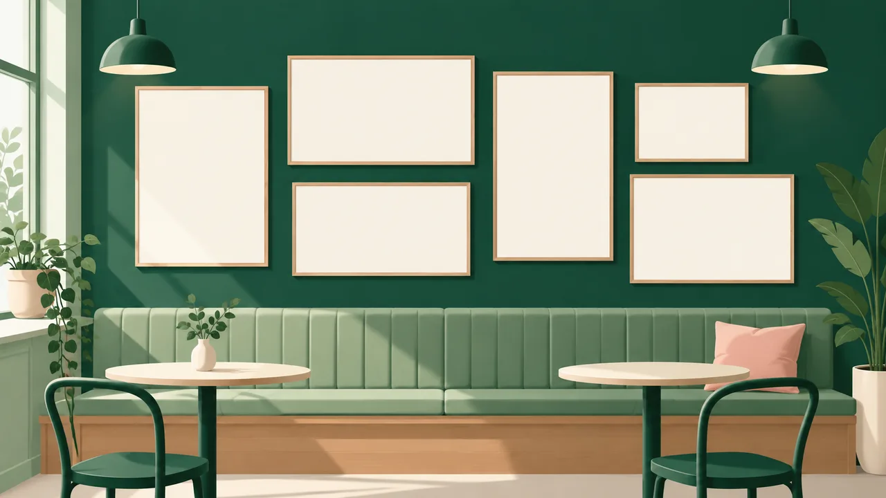 Paper outlines showing alternative sign layouts above a café bench.