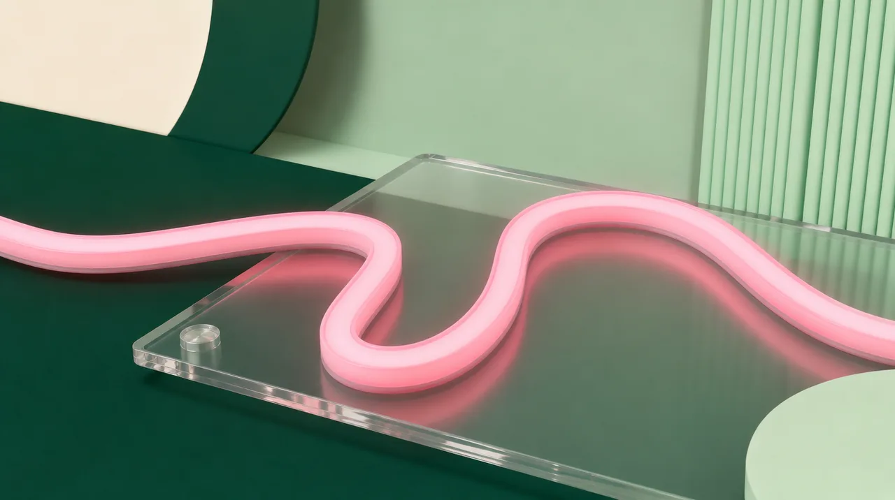 Close-up of a glowing pink LED neon flex strip bent into a curve on a clear acrylic board