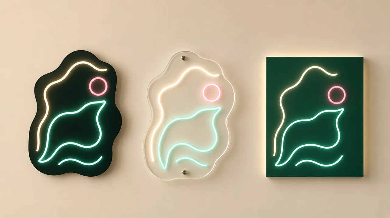 Three neon shapes on a wall showing a black cut-out backboard, a clear shaped acrylic backboard and a rectangle backboard