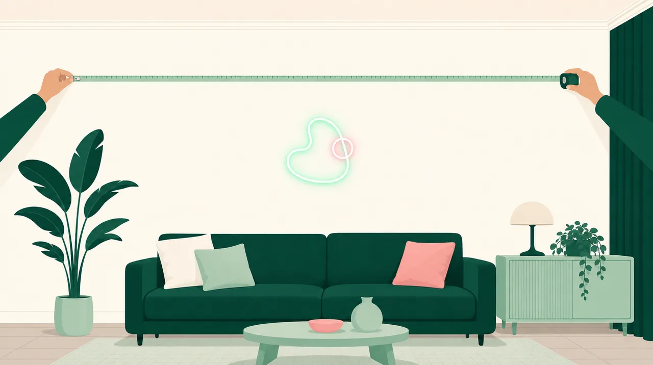 A measuring tape across an empty wall above a sofa with a small neon shape centred on it