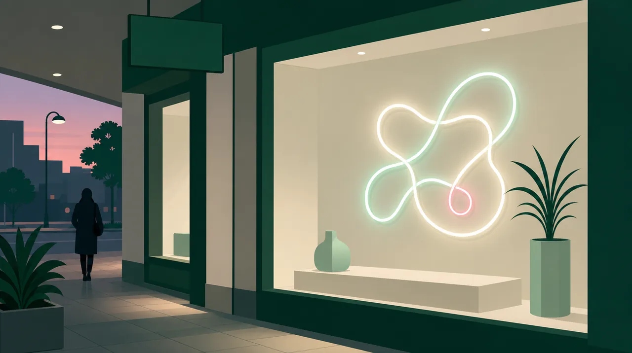 A neon shape glowing inside a shop window, seen from a sheltered walkway at dusk