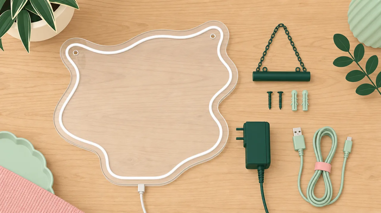 A neon sign board laid on a table beside its hanging kit, a power plug and a USB lead