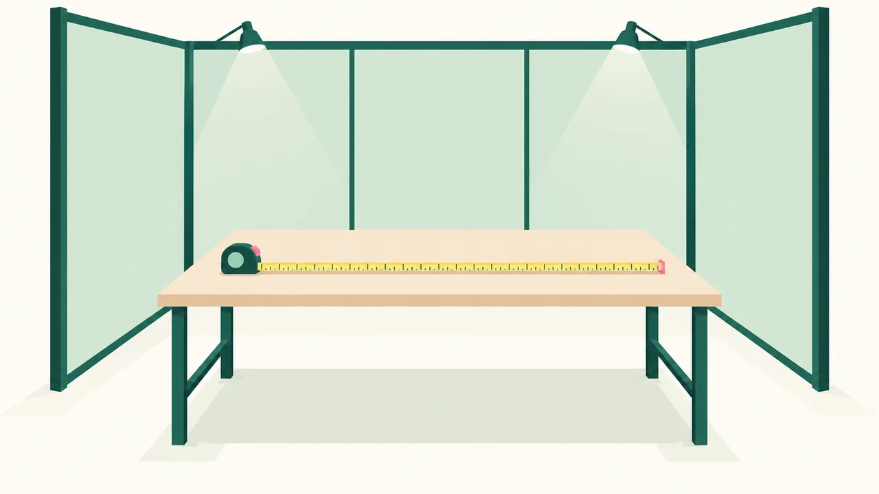 A measuring tape laid across a rectangular tabletop before choosing a fabric cover.