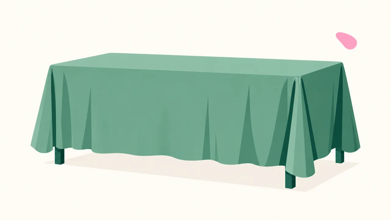 A table covered by a plain sheet with visible front and side overhangs.