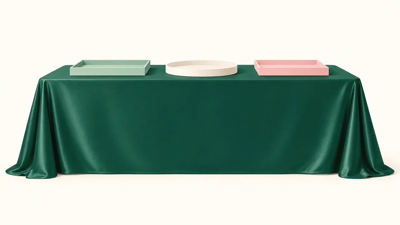 The clear front panel of a table throw sits between folded corners while trays occupy the tabletop.