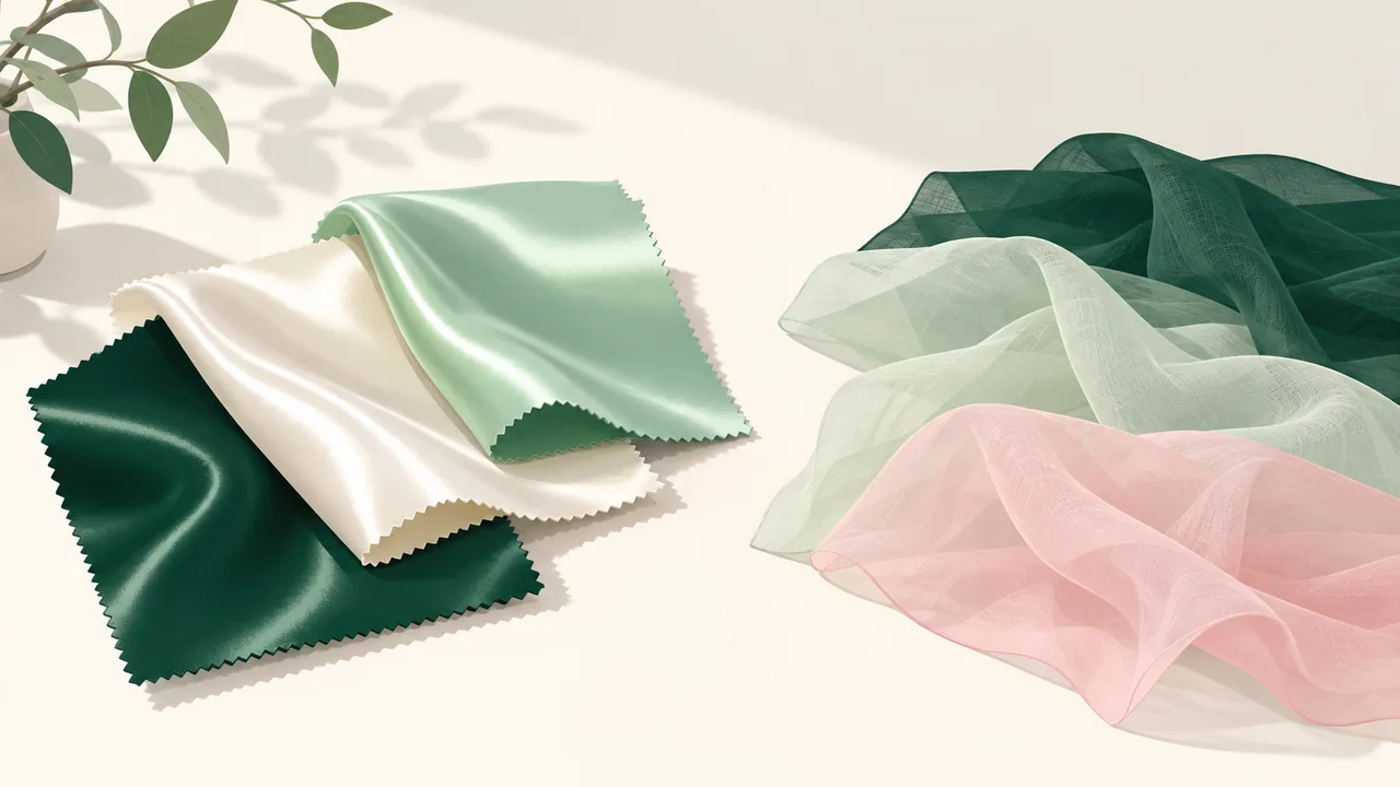 Smooth satin and lightweight flag fabric swatches show their different surfaces and drape.