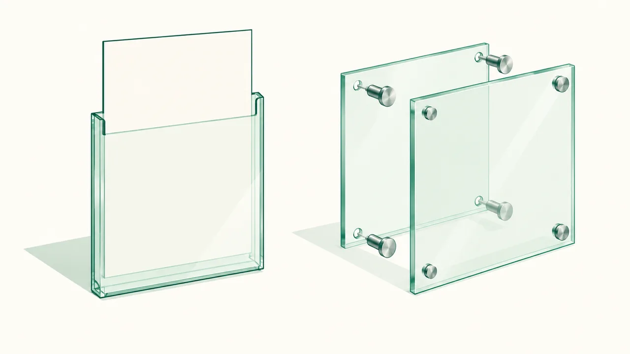 A pocket frame with a sliding insert beside the separate panels and fittings of a sandwich frame.