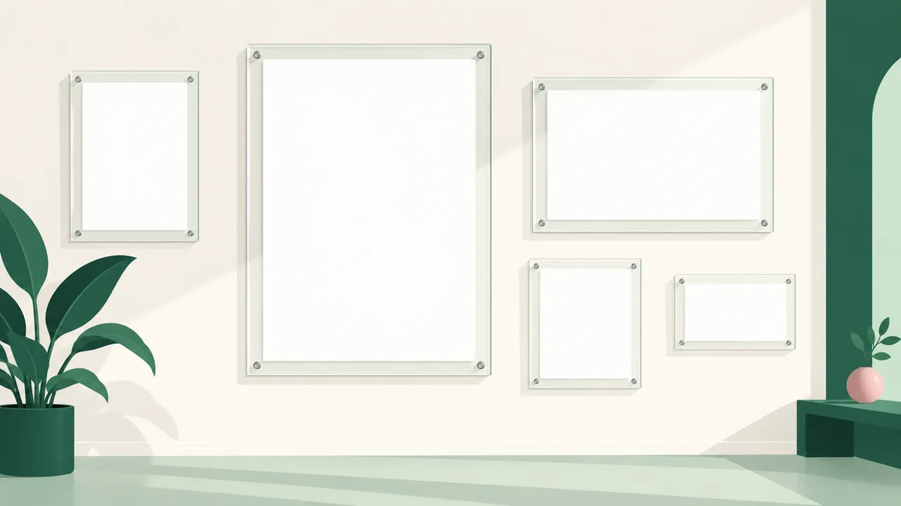 Different sizes of clear acrylic poster frames with visible metal wall standoffs.