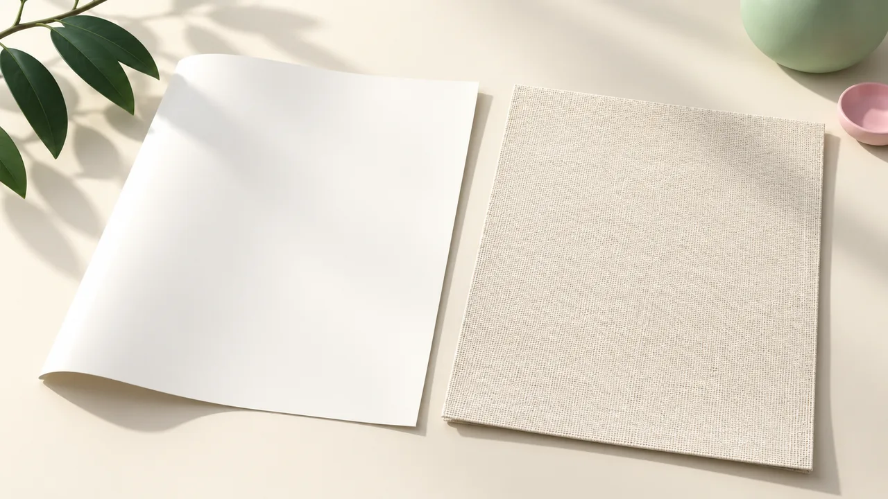 Smooth synthetic poster material beside woven canvas, showing their different surface textures.