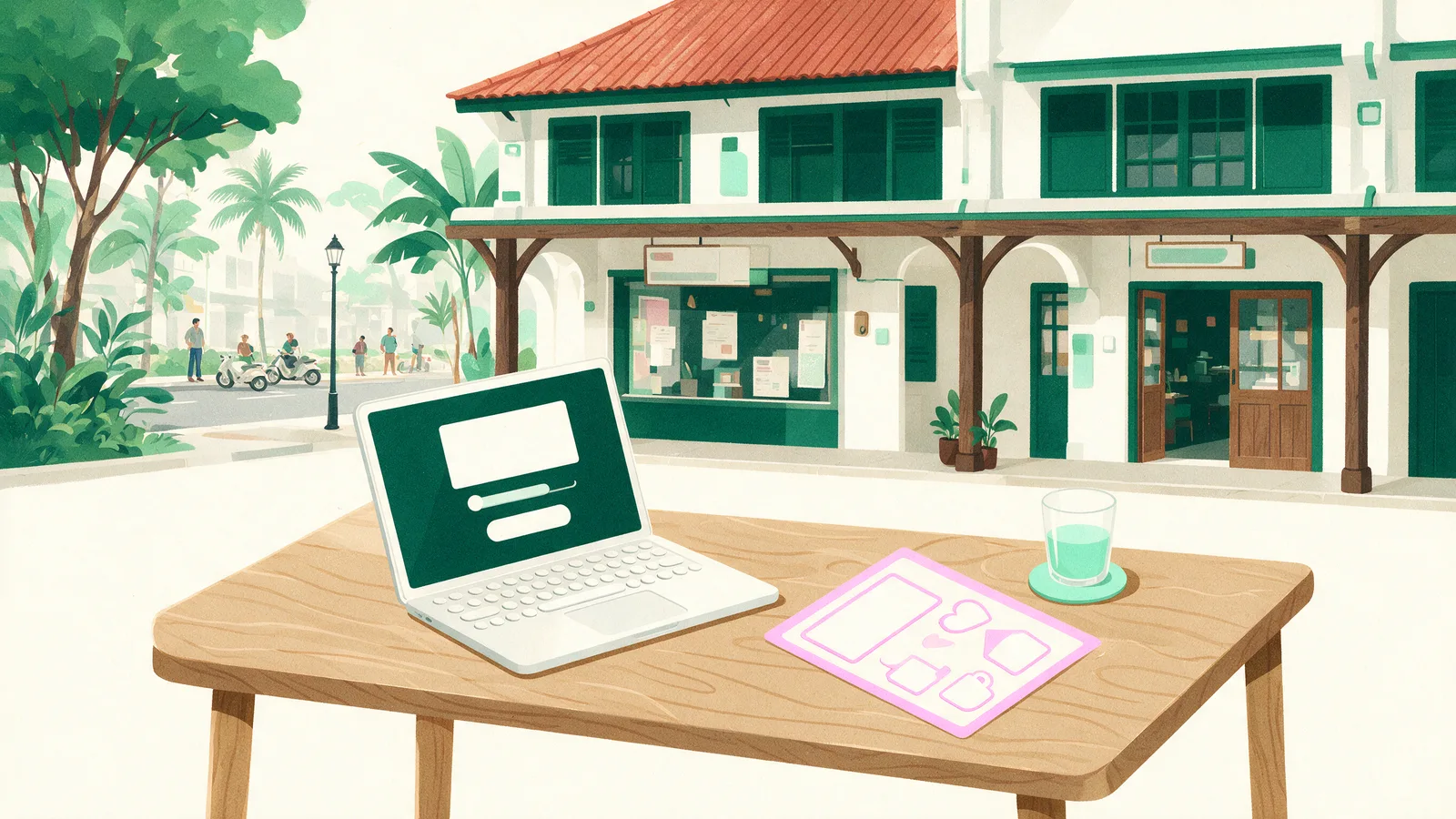 A laptop showing a quote panel beside a sticker sheet