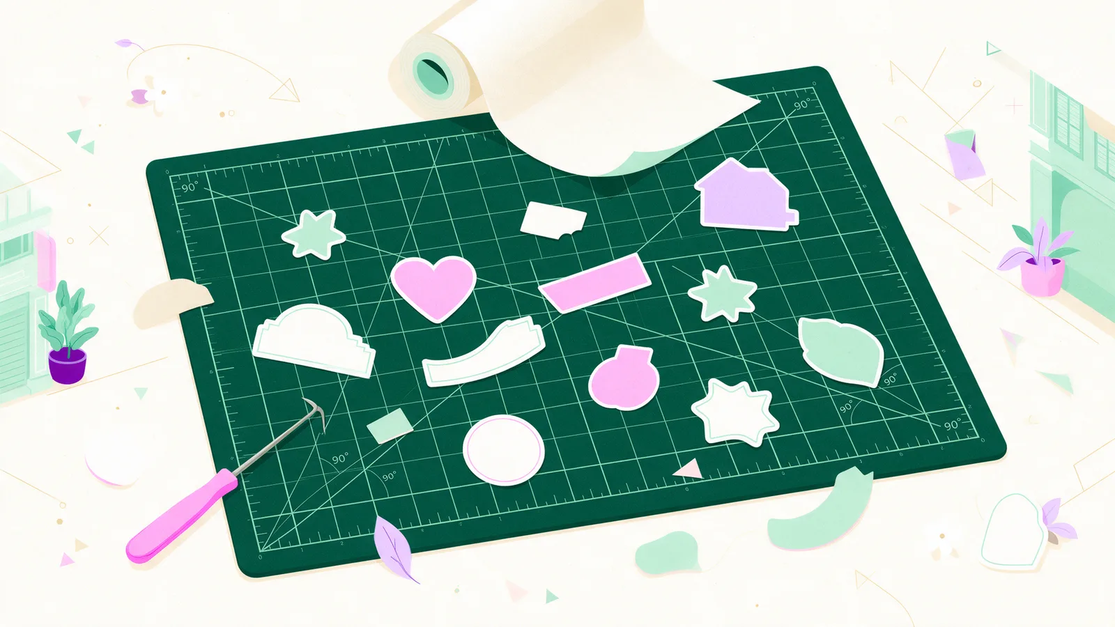 A cutting mat with blank stickers, a weeding tool and a roll of vinyl