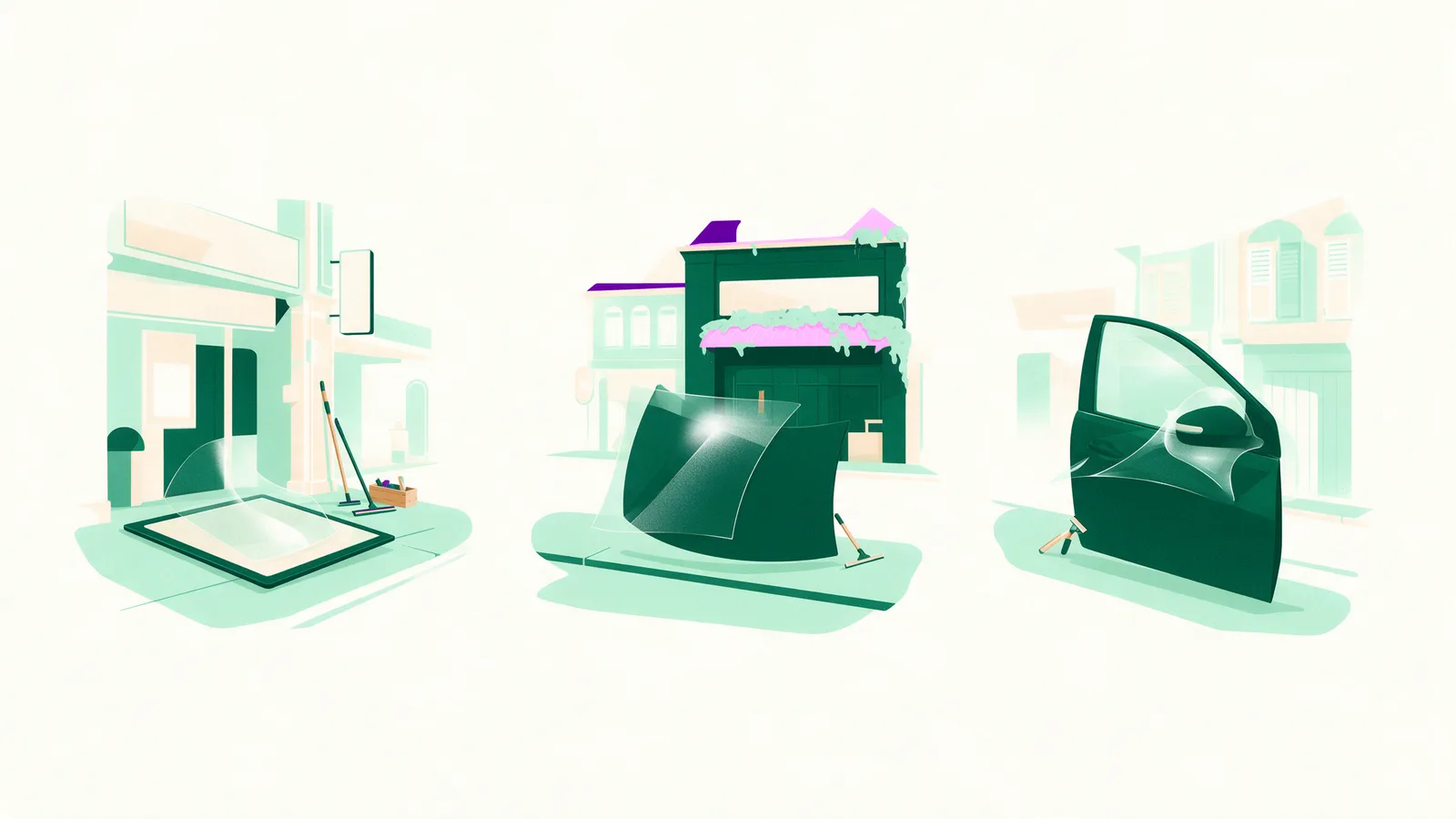 Three vinyl films shown on three surfaces: a flat board, a gently curved panel and a car door with a compound curve