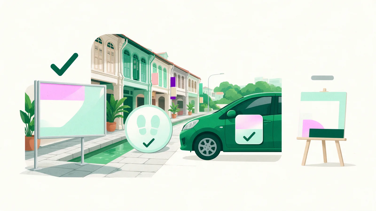 A row of printed products with a green tick or a grey dash beside each: an outdoor board, a floor decal, a car magnet, a short-term indoor board