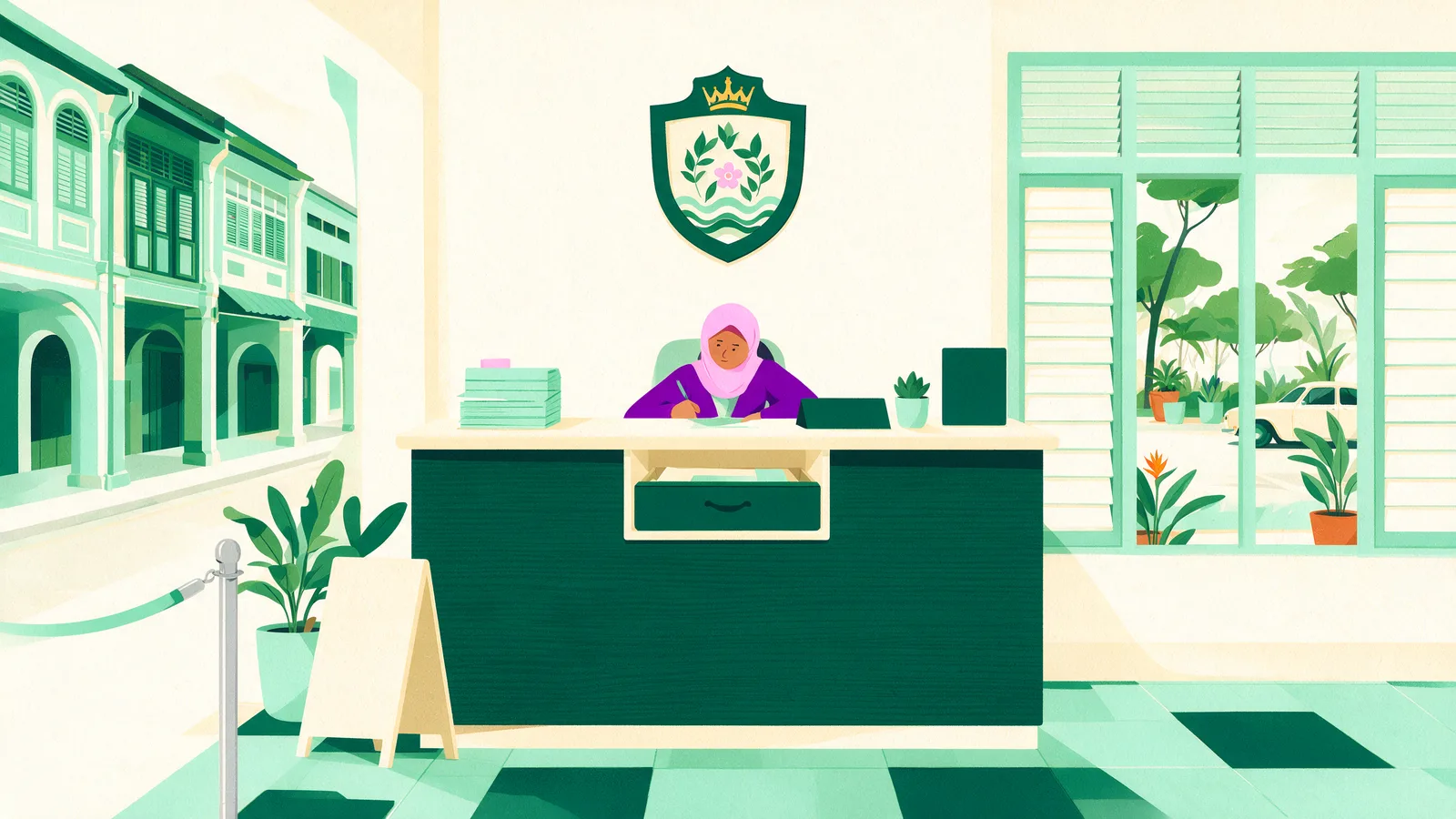 A municipal council service counter with a civic crest