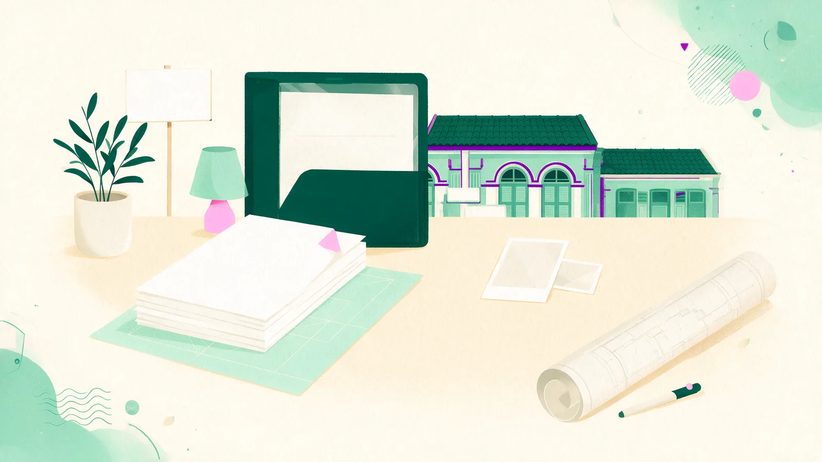 Forms, a folder, photographs and a floor plan laid out on a desk
