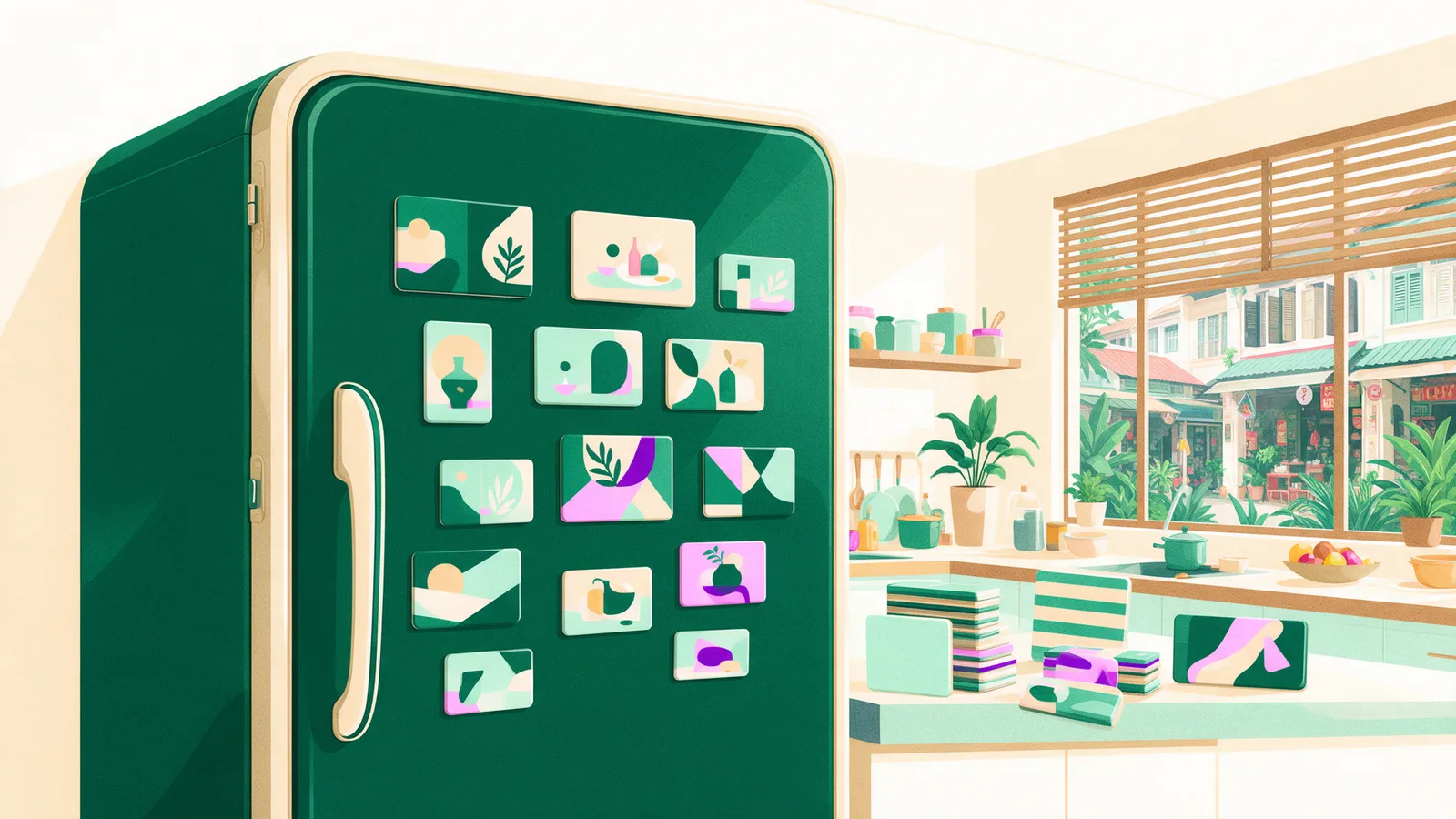 Printed fridge magnets and business-card magnets arranged on a fridge door