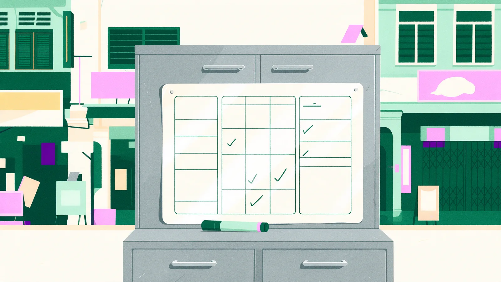 A laminated whiteboard magnet on a steel cabinet with a marker pen