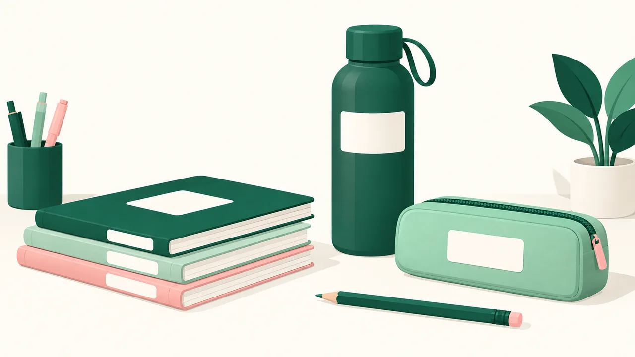 School supplies with blank labels placed on the book cover, bottle body and pencil case.