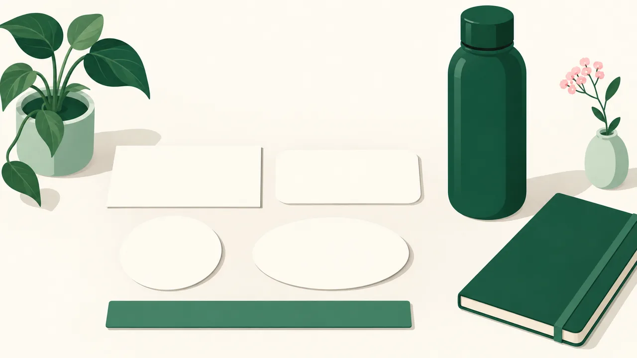 Paper label shapes positioned beside a notebook and bottle to compare their fit.
