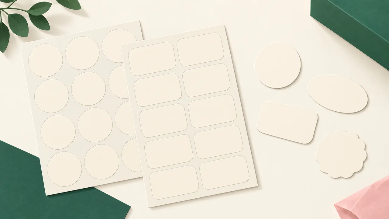 Labels held together on backing sheets alongside loose labels cut into individual shapes.