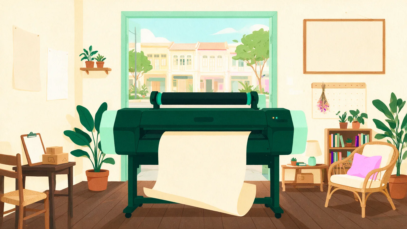 A large-format printer producing a very wide poster