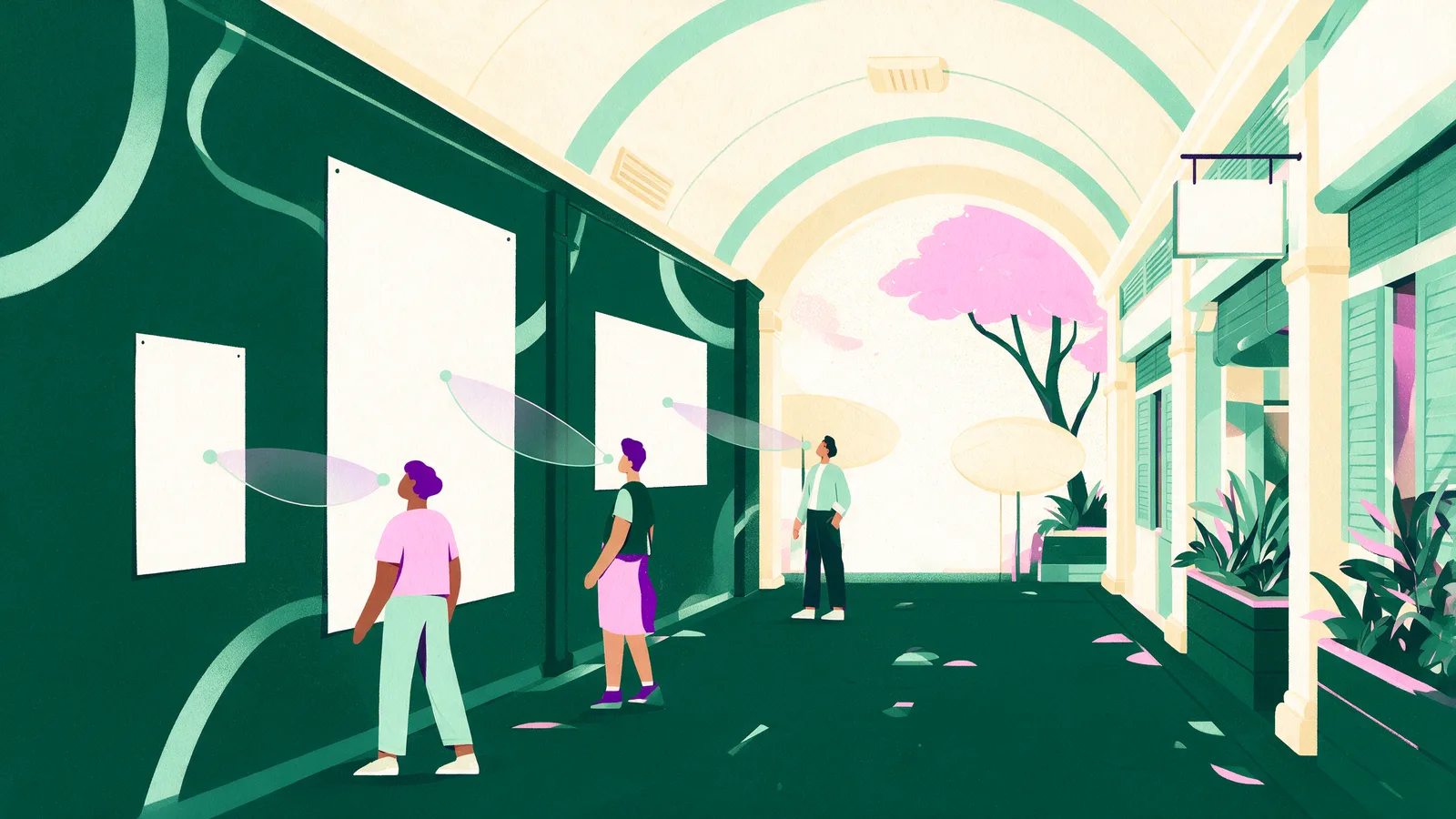 People viewing posters at different distances along a corridor