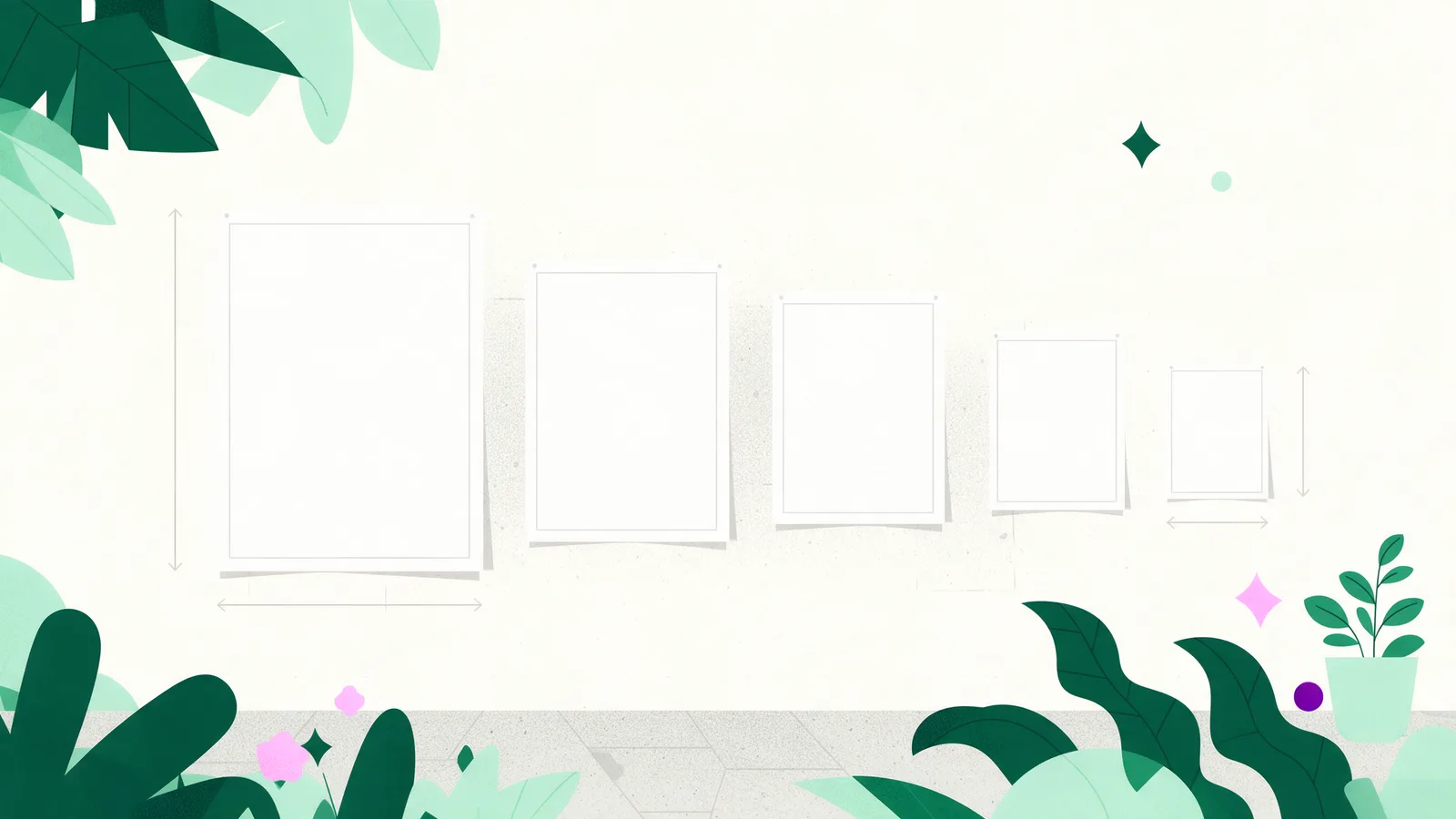 Blank posters in descending A-series sizes pinned in a row on a wall