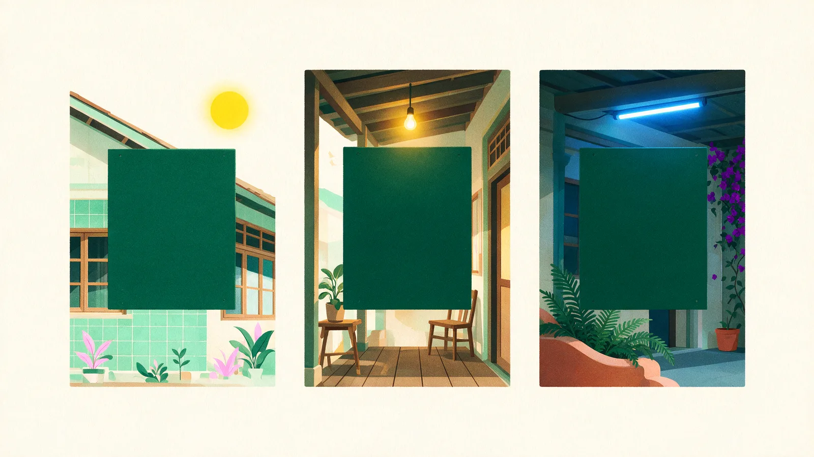 One printed panel viewed under daylight, warm indoor light and cool LED