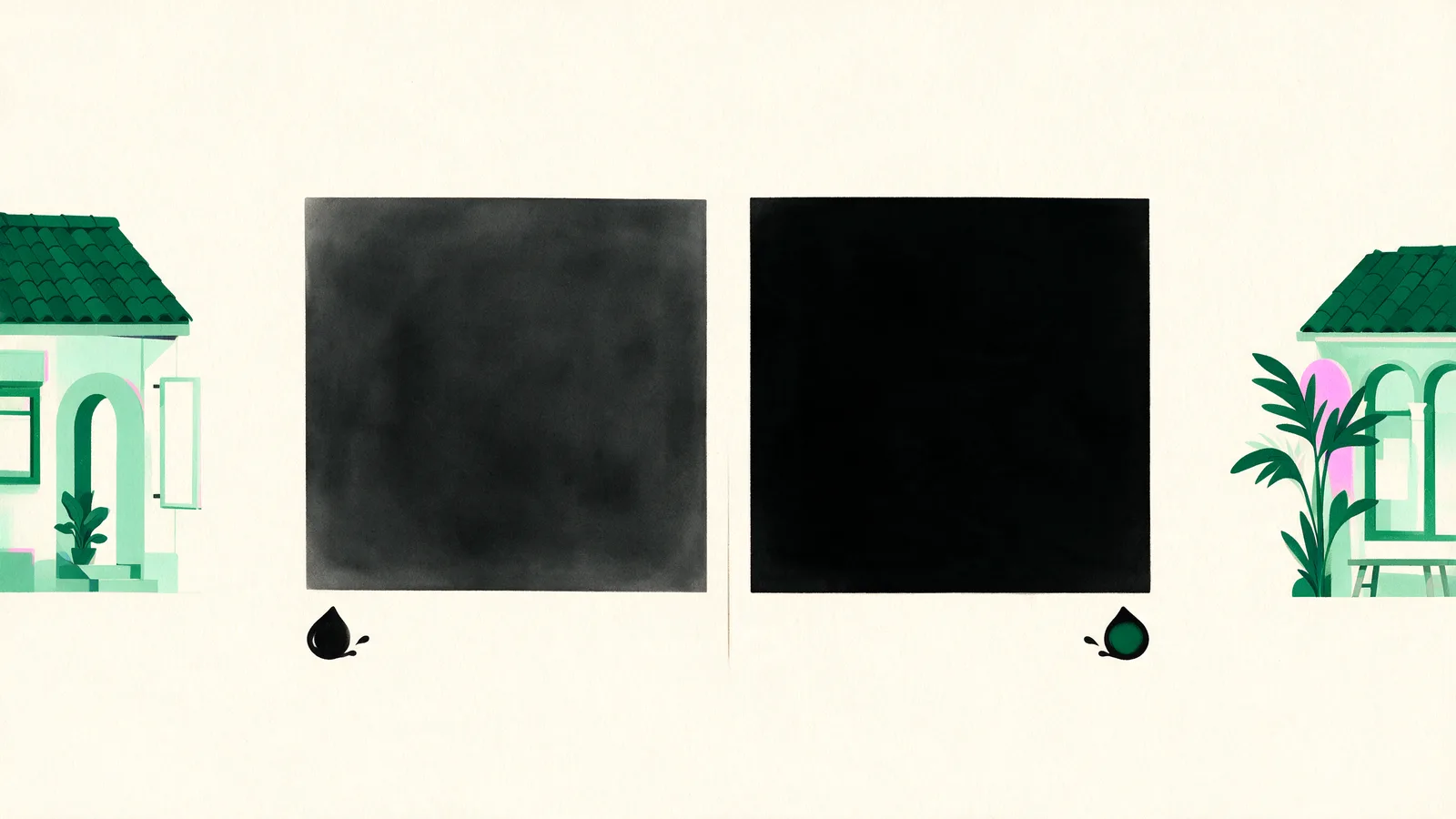 A flat washed-out black patch beside a dense rich black patch