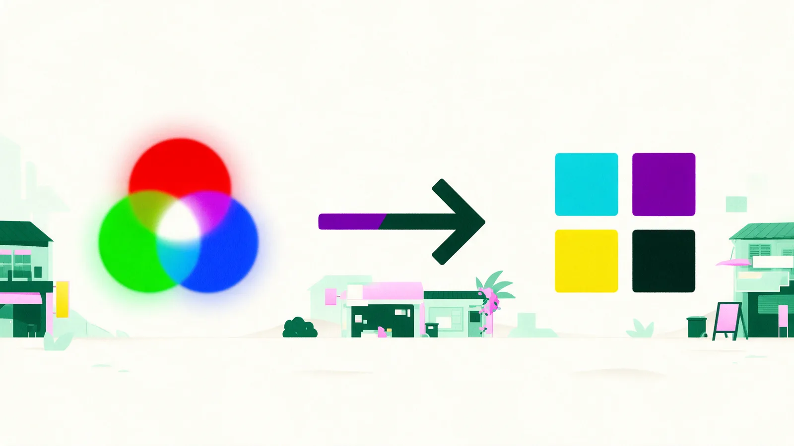 An RGB colour circle converting into a CMYK ink swatch set