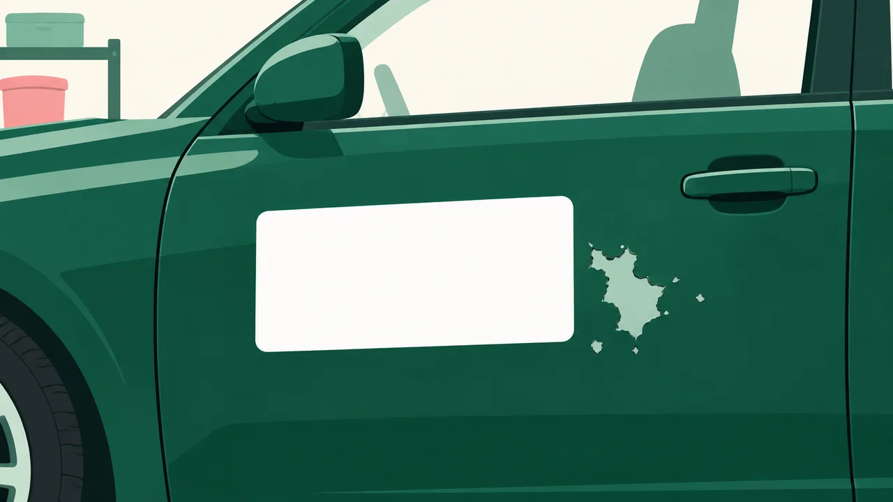 A blank decal beside visibly worn paint on a car door, showing the surface that needs checking before removal.