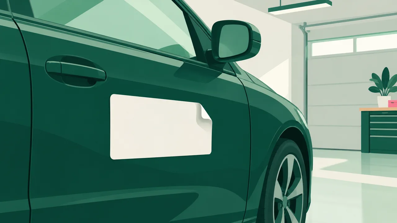 The corner of a blank vinyl decal lifted close to a painted car panel.