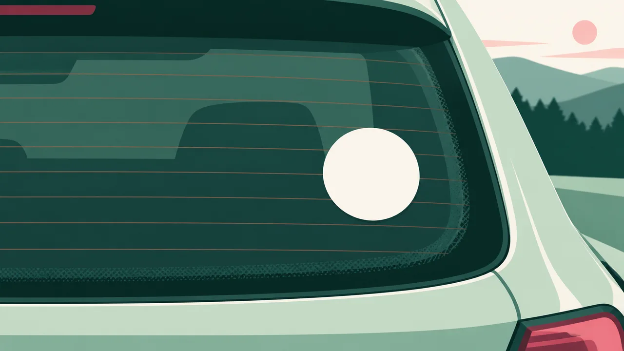 A blank rear-window sticker near demister lines and the edge of window tint.