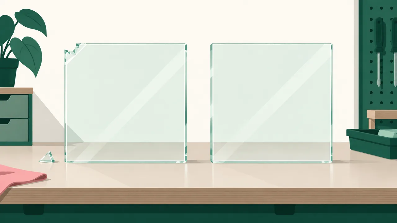 Damaged and intact acrylic panels side by side, showing the corners and mounting holes.