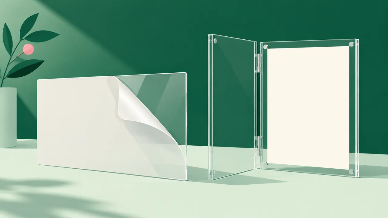 A separate vinyl layer on an acrylic panel beside a frame containing a removable paper insert.