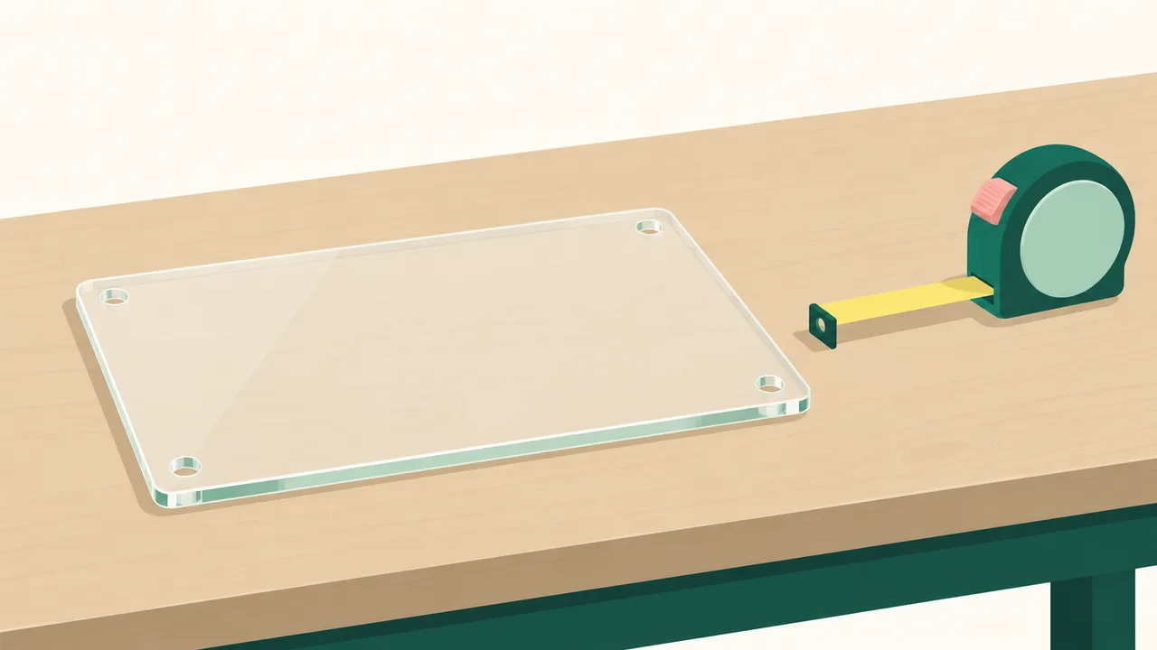 An acrylic panel laid flat for measurement, with its outline and mounting holes visible.