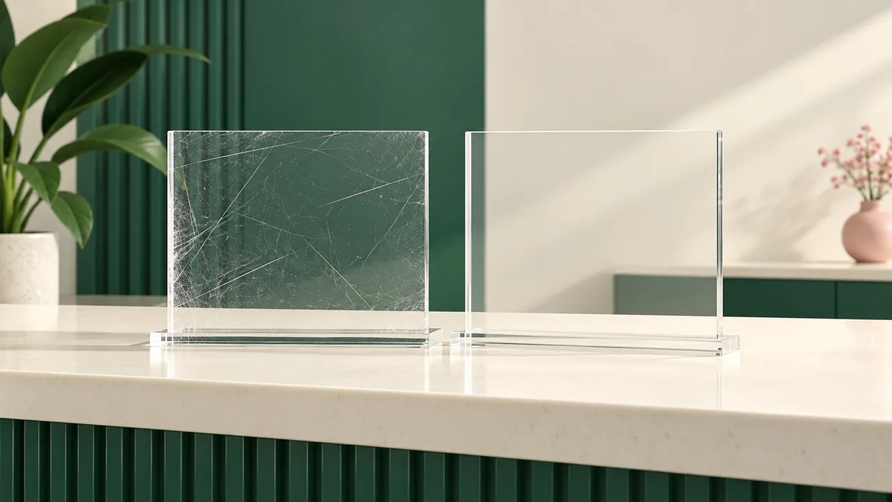 Scratched and pristine acrylic panels under lighting that reveals their surface condition.