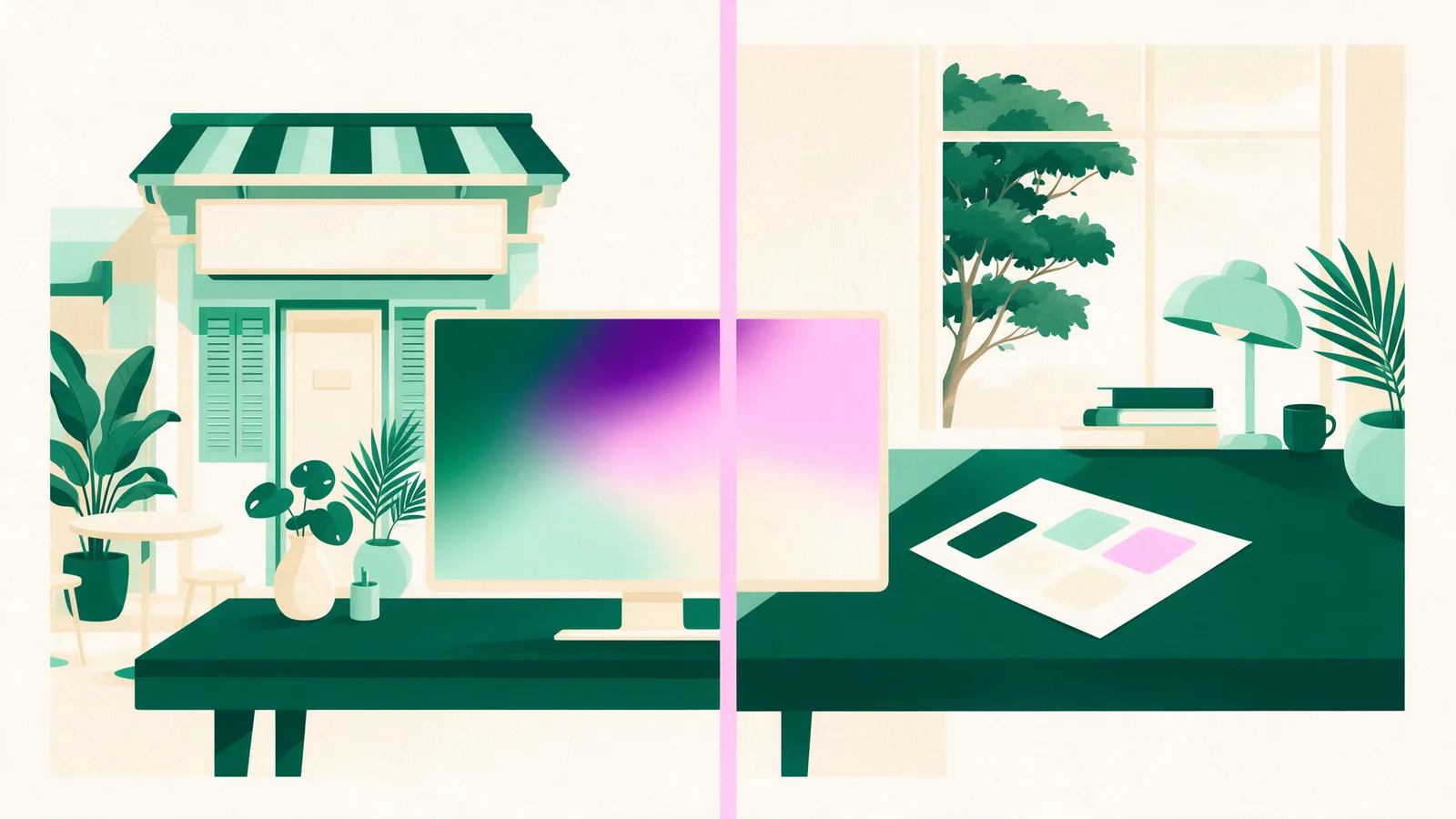 A glowing screen beside a set of printed ink swatches