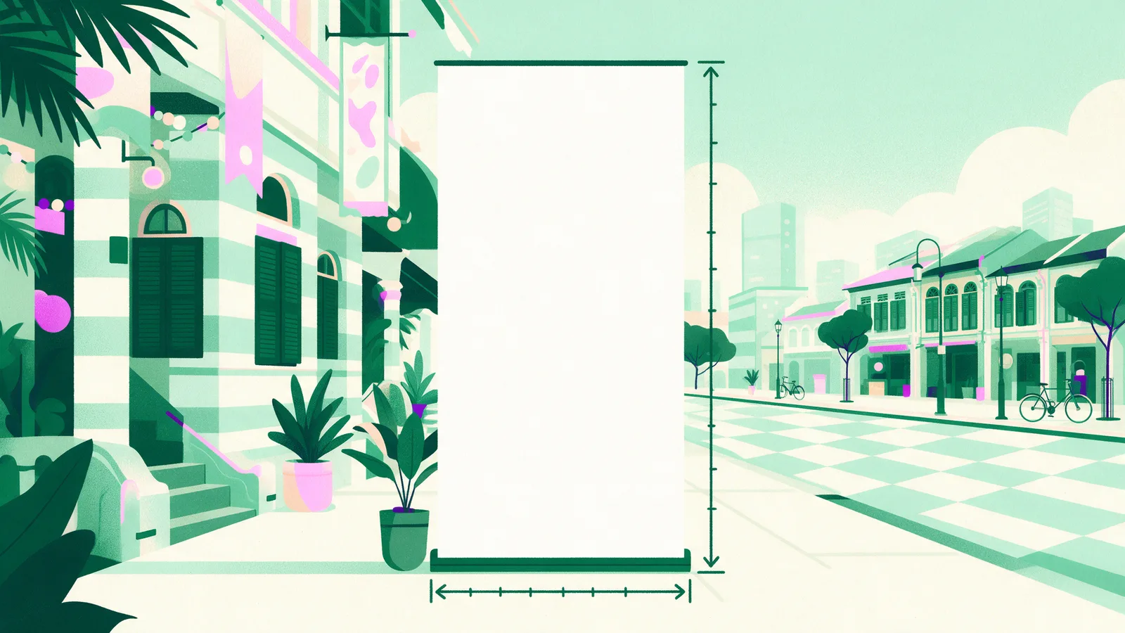 A roll-up banner with width and height dimension arrows around it