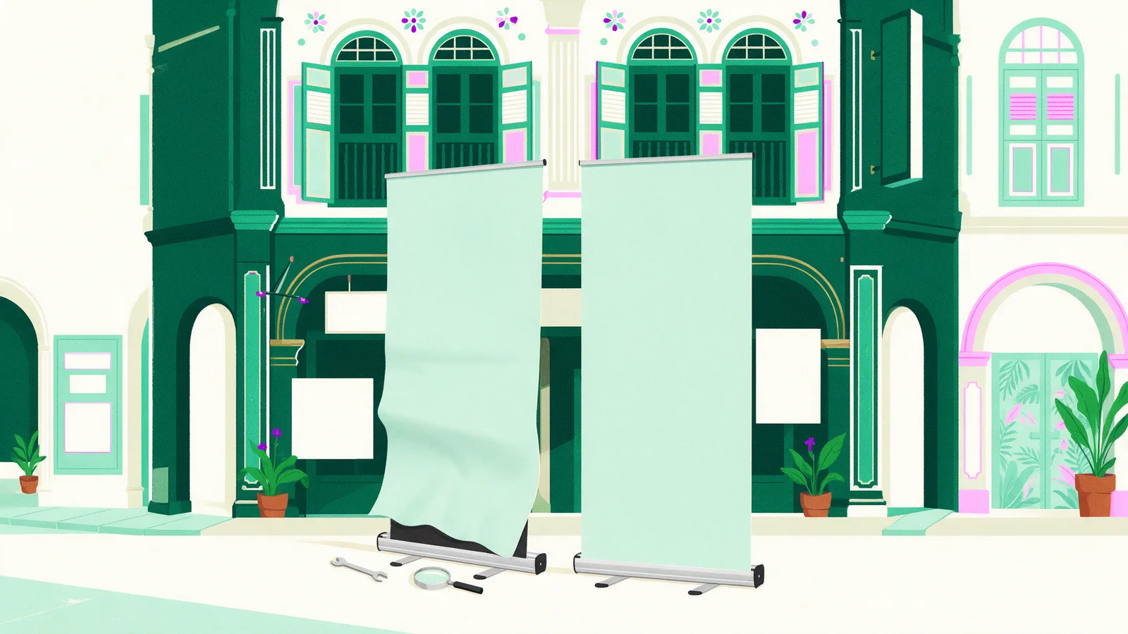 A roll-up banner with a slack, creased panel next to a taut one