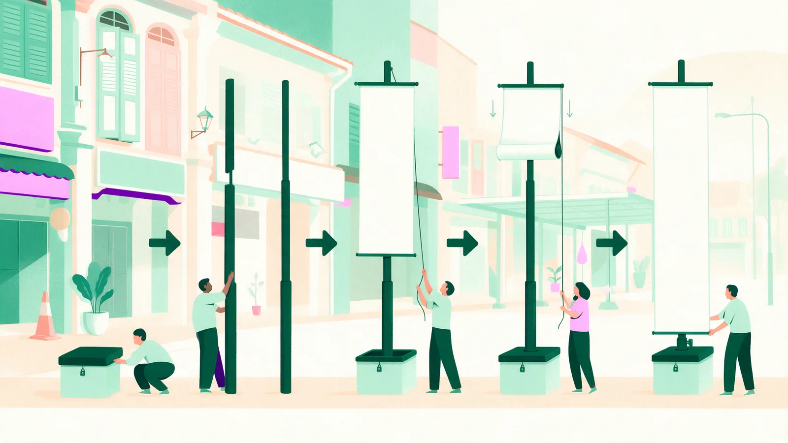 Five stages of setting up a roll-up banner, left to right